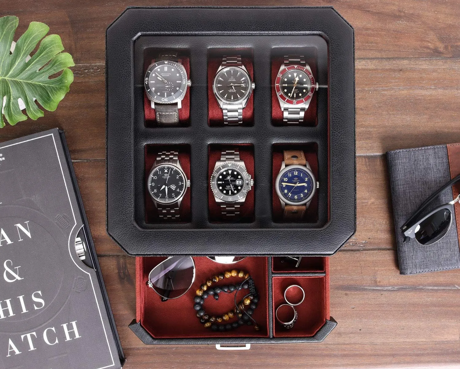 Display Organizer, integrate Microsuede Liner, Locking Mens Jewelry Watches Holder, Men's Storage Boxes Holder Large Glass Top (Black/Red) ROTHWELL 6 Slot Leather Watch Box with Valet Drawer - Luxury Watch Case 