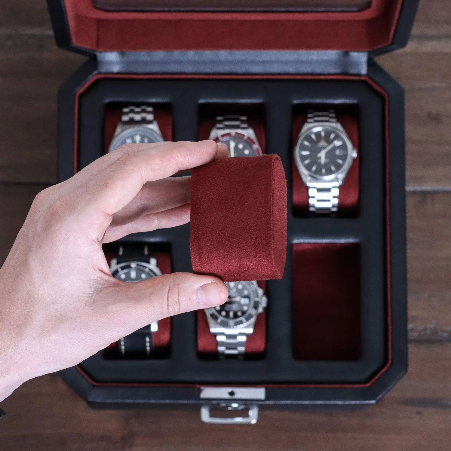 Display Organizer, integrate Microsuede Liner, Locking Mens Jewelry Watches Holder, Men's Storage Boxes Holder Large Glass Top (Black/Red) ROTHWELL 6 Slot Leather Watch Box with Valet Drawer - Luxury Watch Case 