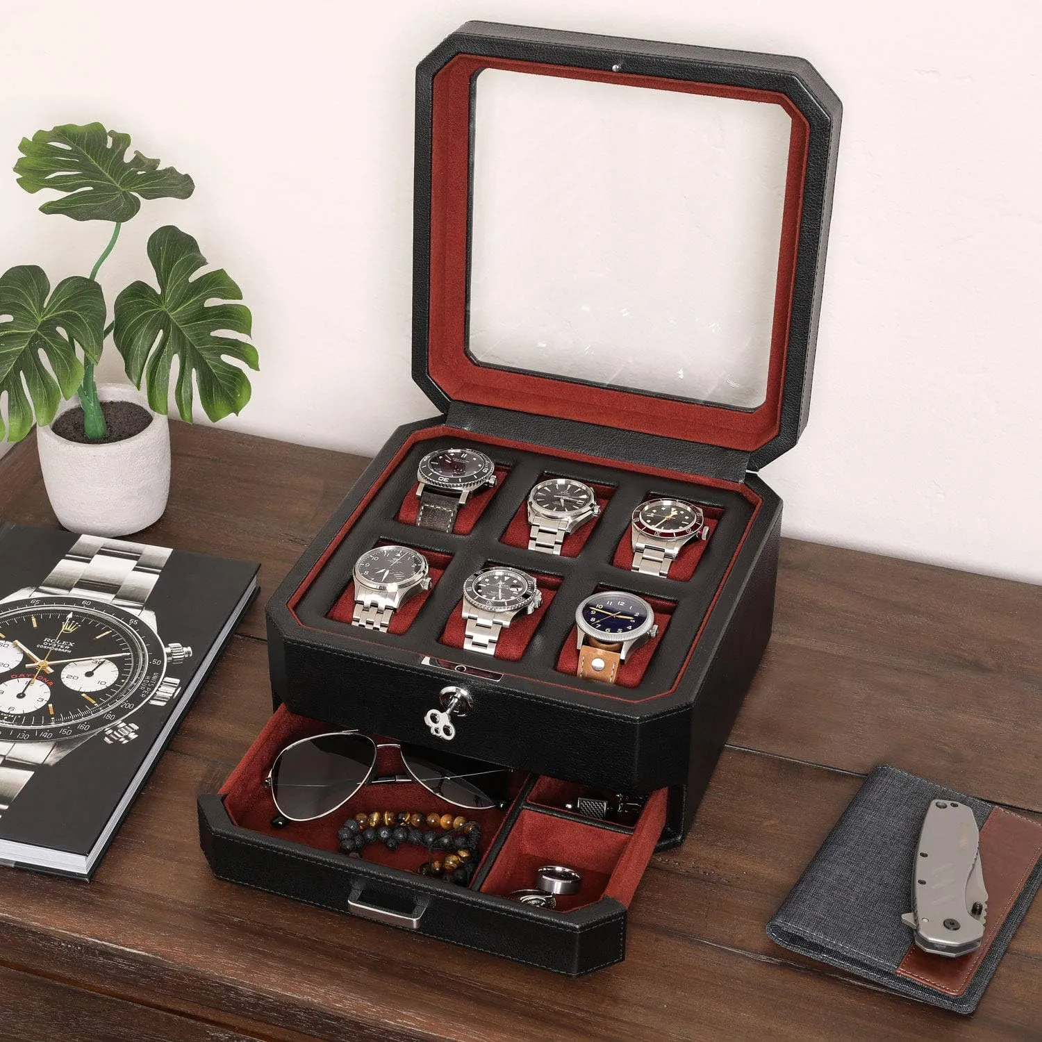 Display Organizer, integrate Microsuede Liner, Locking Mens Jewelry Watches Holder, Men's Storage Boxes Holder Large Glass Top (Black/Red) ROTHWELL 6 Slot Leather Watch Box with Valet Drawer - Luxury Watch Case 