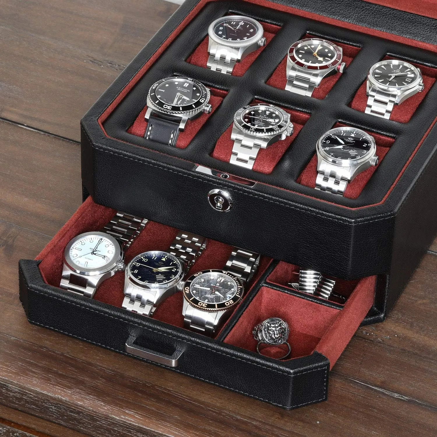Display Organizer, integrate Microsuede Liner, Locking Mens Jewelry Watches Holder, Men's Storage Boxes Holder Large Glass Top (Black/Red) ROTHWELL 6 Slot Leather Watch Box with Valet Drawer - Luxury Watch Case 