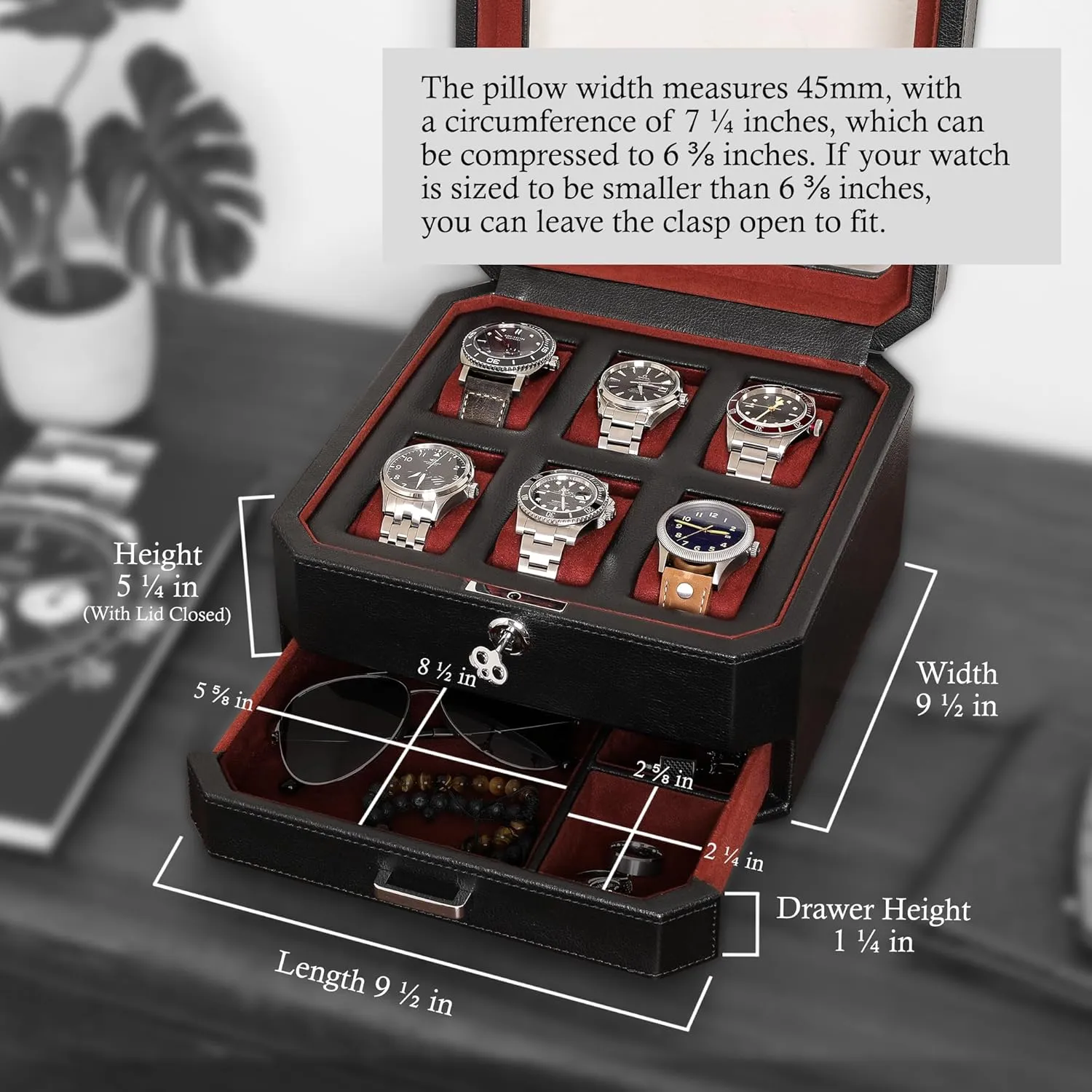 Display Organizer, integrate Microsuede Liner, Locking Mens Jewelry Watches Holder, Men's Storage Boxes Holder Large Glass Top (Black/Red) ROTHWELL 6 Slot Leather Watch Box with Valet Drawer - Luxury Watch Case 