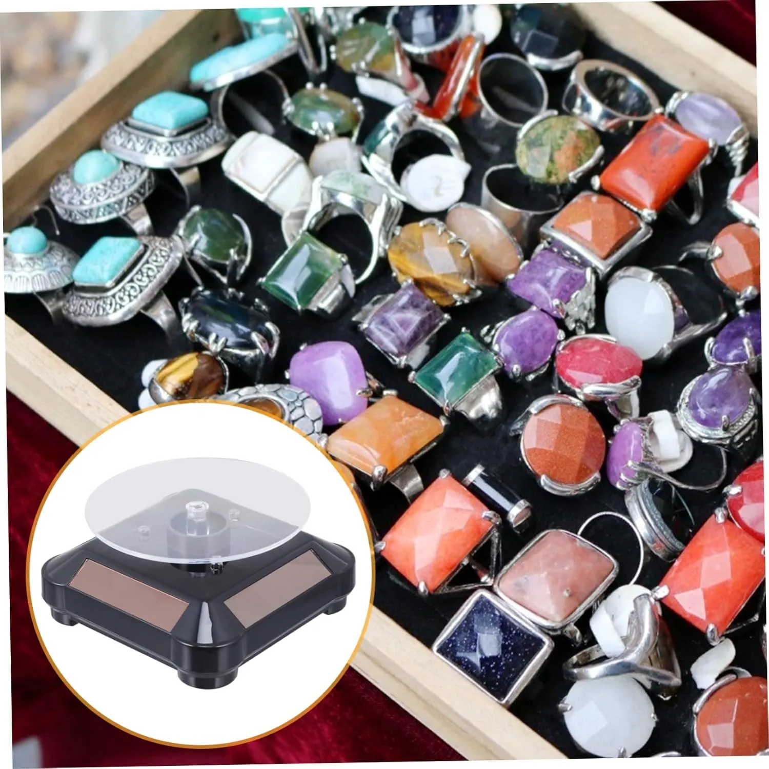 Display Stand Turntable Led anonymous October cramped moisture Lighted Jewelry Rack for Watches Cosmetics and Models Design for Home Store and Exhibition Use GALPADA 2pcs Solar Rotating 