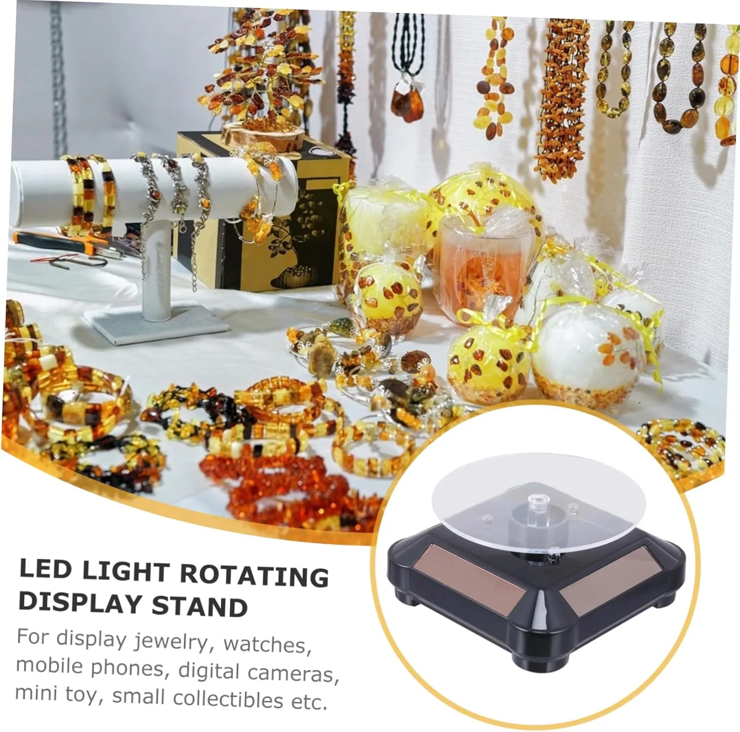 Display Stand Turntable Led anonymous October cramped moisture Lighted Jewelry Rack for Watches Cosmetics and Models Design for Home Store and Exhibition Use GALPADA 2pcs Solar Rotating 