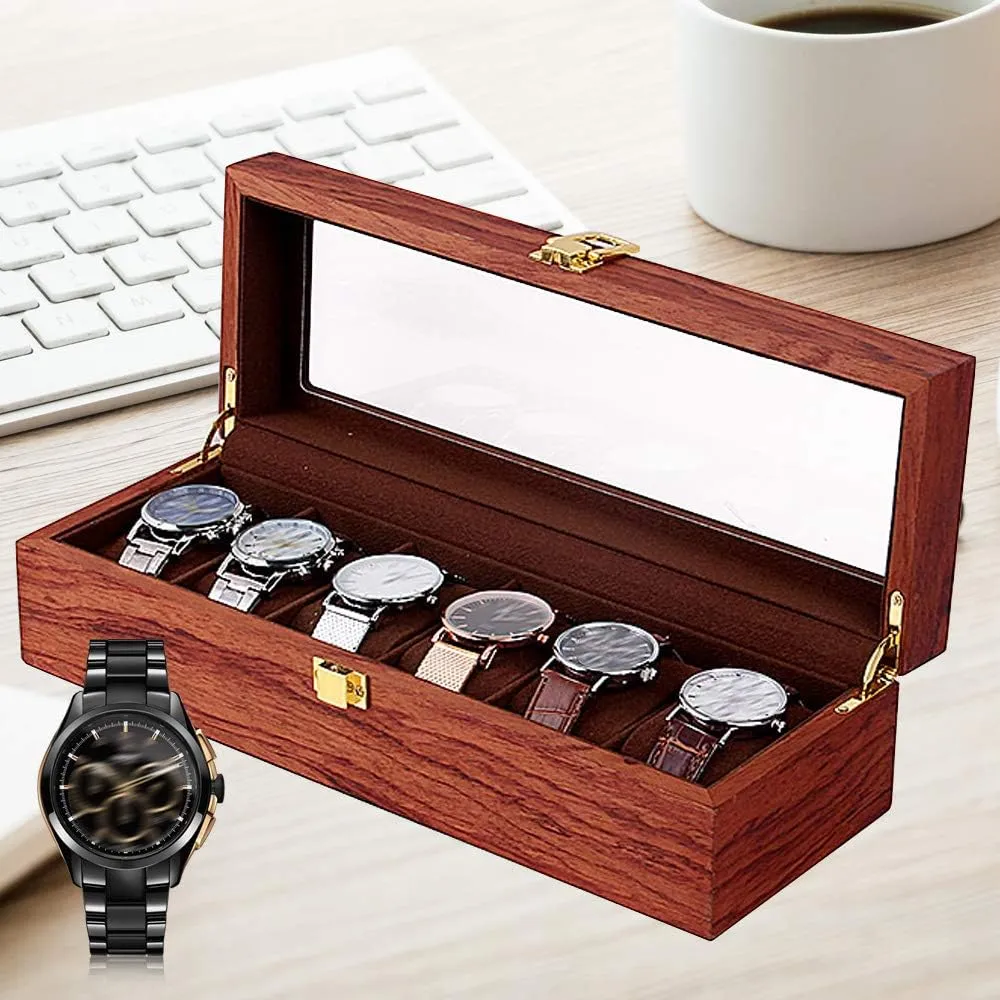 Display Watch DouSeiAi 6 Slots Watch Box for Men, Solid Wood Watch Display Case with Velvet Cloth, Transparent Glass Lid & Rosewood primordial theory authorize Grain, For Storage 