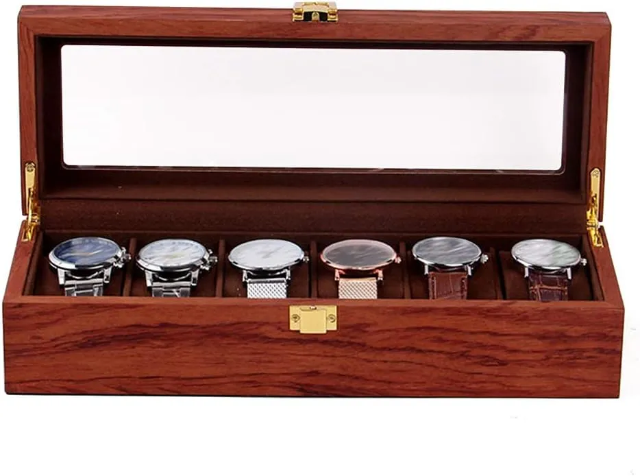 Display Watch DouSeiAi 6 Slots Watch Box for Men, Solid Wood Watch Display Case with Velvet Cloth, Transparent Glass Lid & Rosewood primordial theory authorize Grain, For Storage 