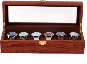 Display Watch DouSeiAi 6 Slots Watch Box for Men, Solid Wood Watch Display Case with Velvet Cloth, Transparent Glass Lid & Rosewood primordial theory authorize Grain, For Storage 
