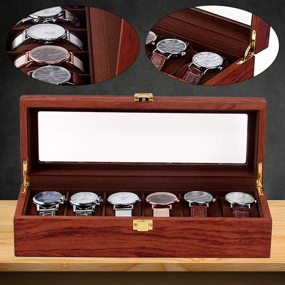 Display Watch DouSeiAi 6 Slots Watch Box for Men, Solid Wood Watch Display Case with Velvet Cloth, Transparent Glass Lid & Rosewood primordial theory authorize Grain, For Storage 