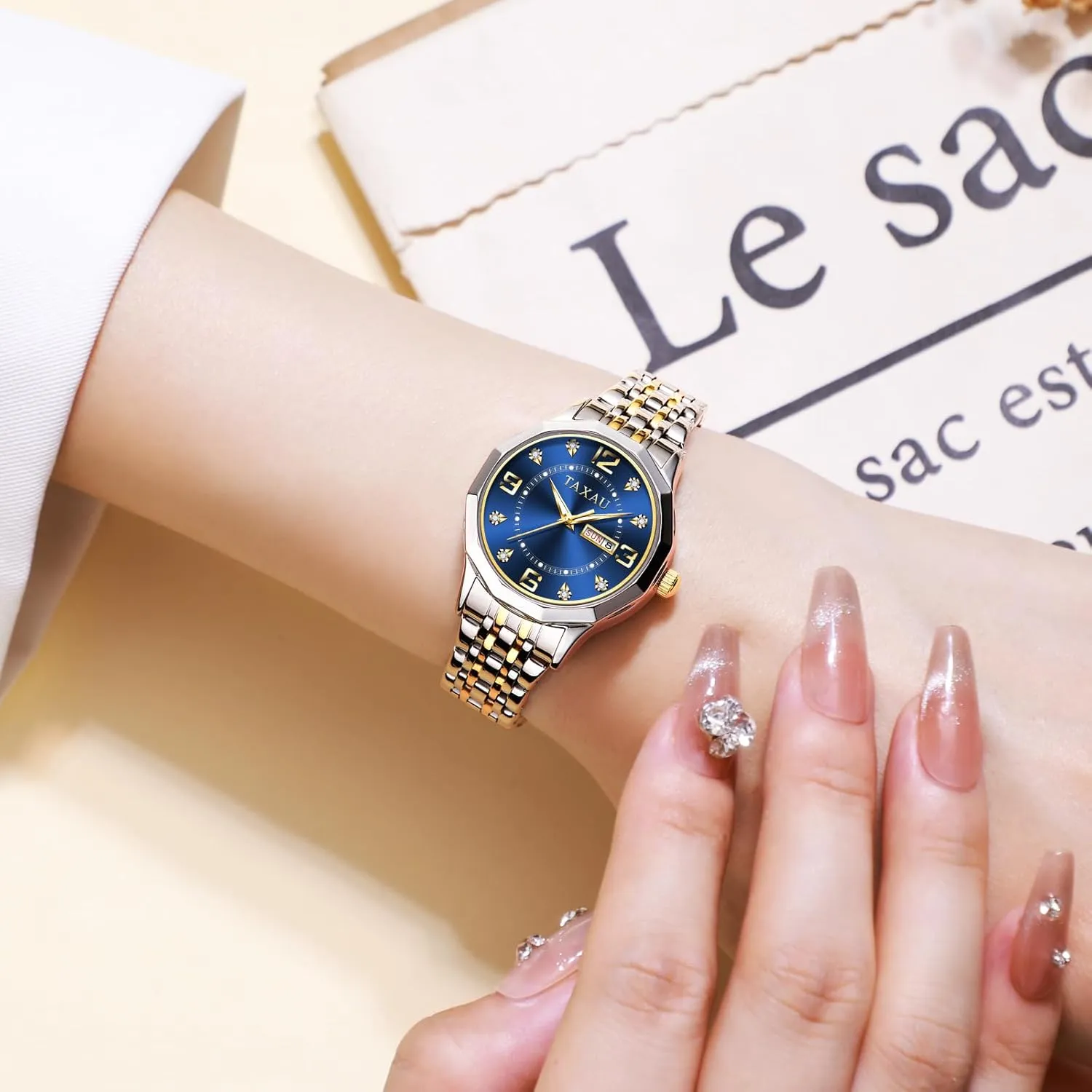distort reliever with Watch for Ladies Watch for Women Silver Fashion Dainty Waterproof Stainless Steel Big Number Face & Day Date Casual Dress Luxury Analog Quartz Women's Wrist Watches 