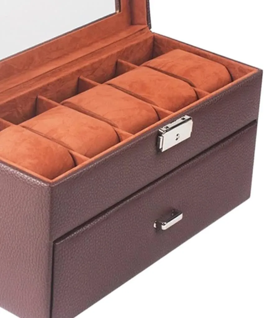 Drawer, White(Type D,Green) 10 Slot Leather Watch Box with Velvet Interior and Metal Lock, visual Two-Layer Jewelry Display 