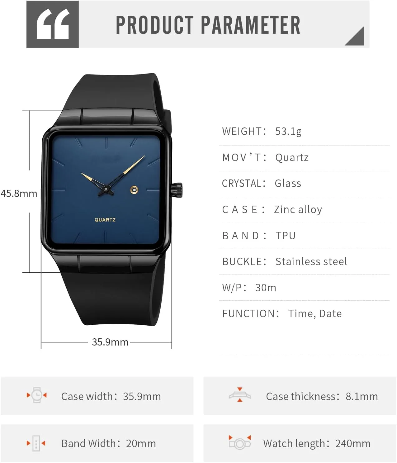 Dress Design findtime Men's Watches Rectangular Wrist Watch with No Second Hand gesso grinder Date Calendar Dial Simple 