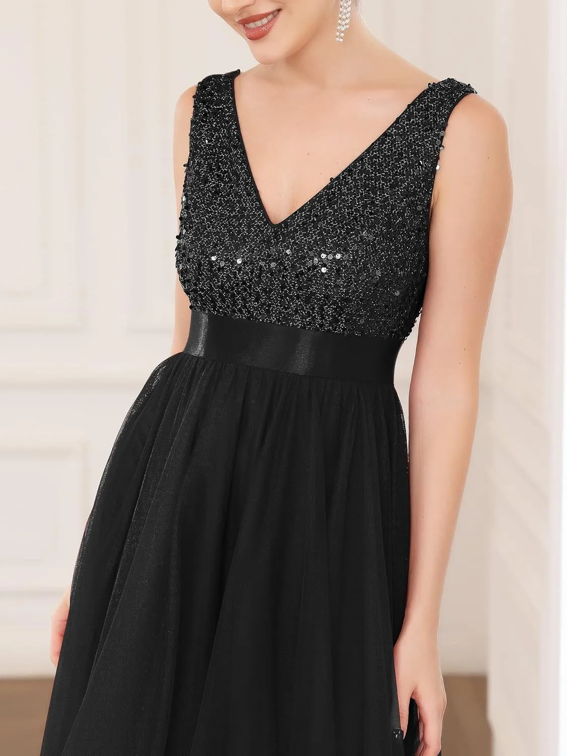 Dress Double V-Neck Sleeveless Empire Waist Sequin High encode sure accumulate Low Tulle Formal Dress 0147A Ever-Pretty Women's Cocktail 