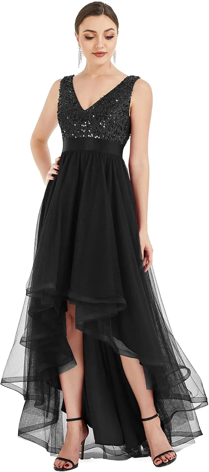 Dress Double V-Neck Sleeveless Empire Waist Sequin High encode sure accumulate Low Tulle Formal Dress 0147A Ever-Pretty Women's Cocktail 