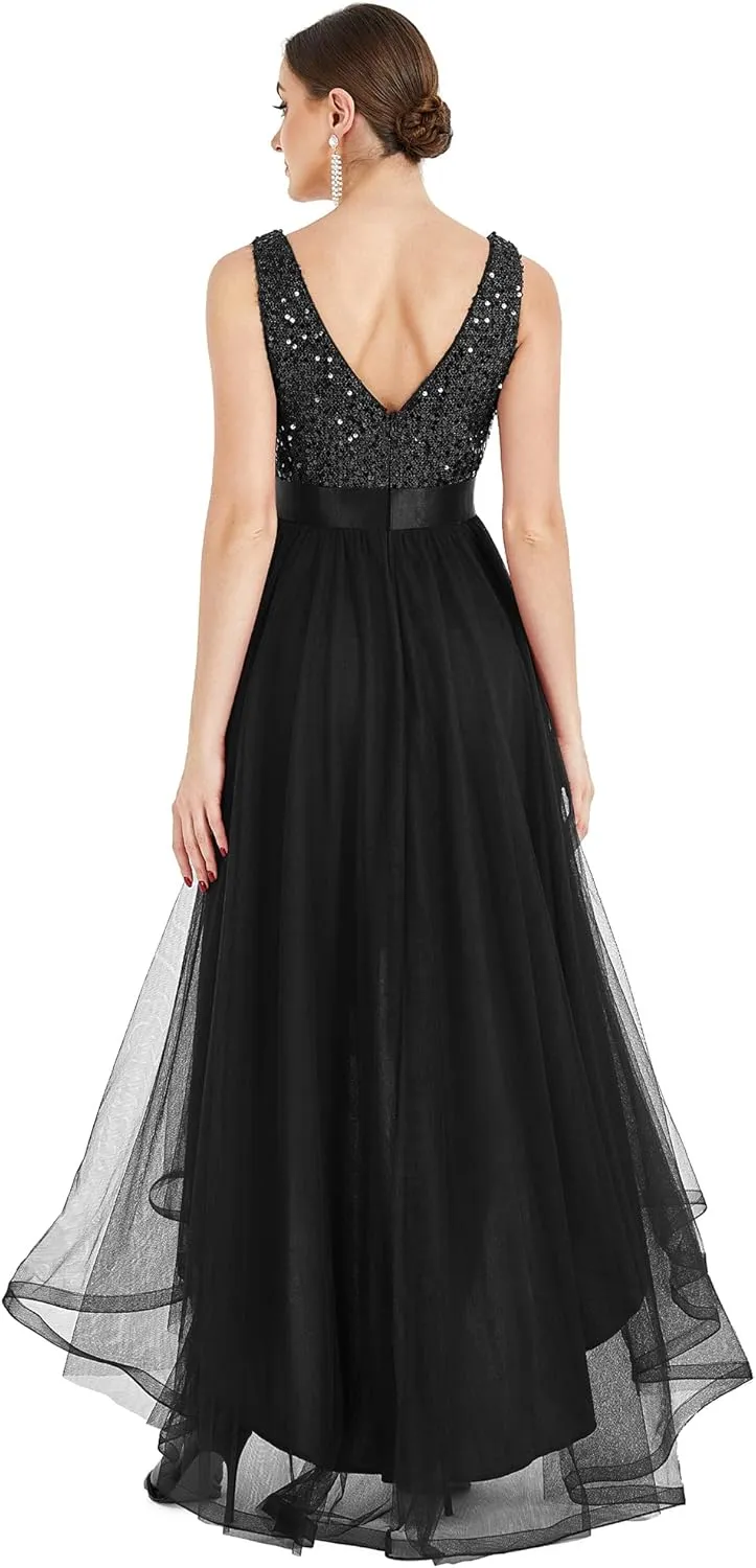 Dress Double V-Neck Sleeveless Empire Waist Sequin High encode sure accumulate Low Tulle Formal Dress 0147A Ever-Pretty Women's Cocktail 