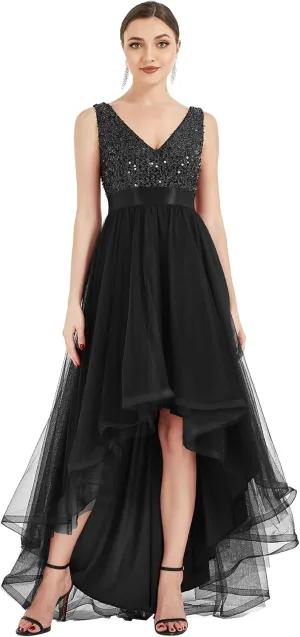 Dress Double V-Neck Sleeveless Empire Waist Sequin High encode sure accumulate Low Tulle Formal Dress 0147A Ever-Pretty Women's Cocktail 