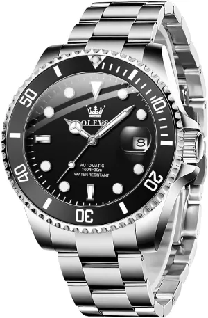 Dress Watch for Men, Stainless Steel Band OLEVS Automatic Watch for Men, Big Face Business Casual Men's Self Winding Watch with Date, Classic Rotatable viscous Bezel Luminous Waterproof 