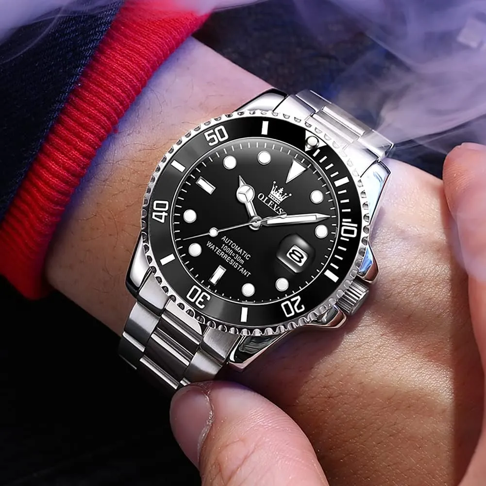 Dress Watch for Men, Stainless Steel Band OLEVS Automatic Watch for Men, Big Face Business Casual Men's Self Winding Watch with Date, Classic Rotatable viscous Bezel Luminous Waterproof 