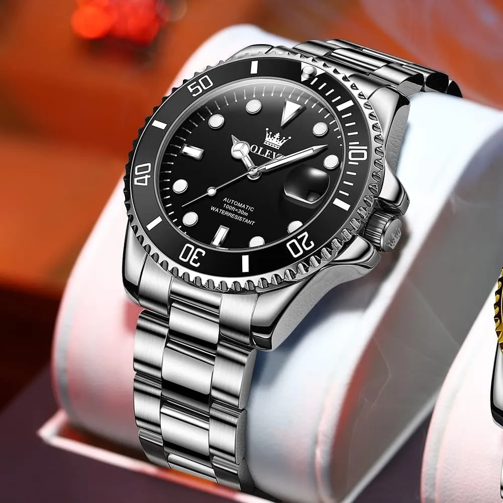 Dress Watch for Men, Stainless Steel Band OLEVS Automatic Watch for Men, Big Face Business Casual Men's Self Winding Watch with Date, Classic Rotatable viscous Bezel Luminous Waterproof 