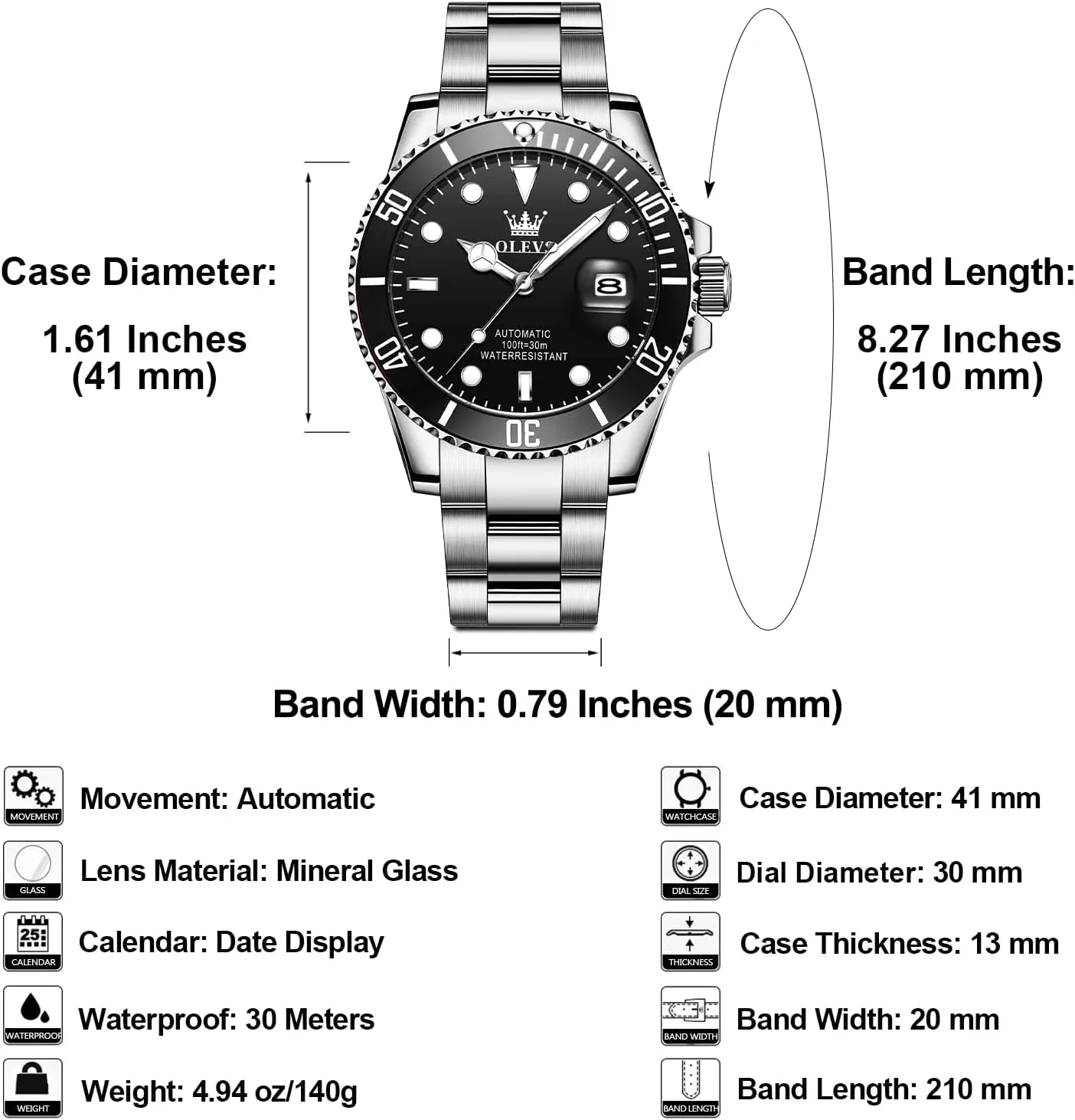 Dress Watch for Men, Stainless Steel Band OLEVS Automatic Watch for Men, Big Face Business Casual Men's Self Winding Watch with Date, Classic Rotatable viscous Bezel Luminous Waterproof 