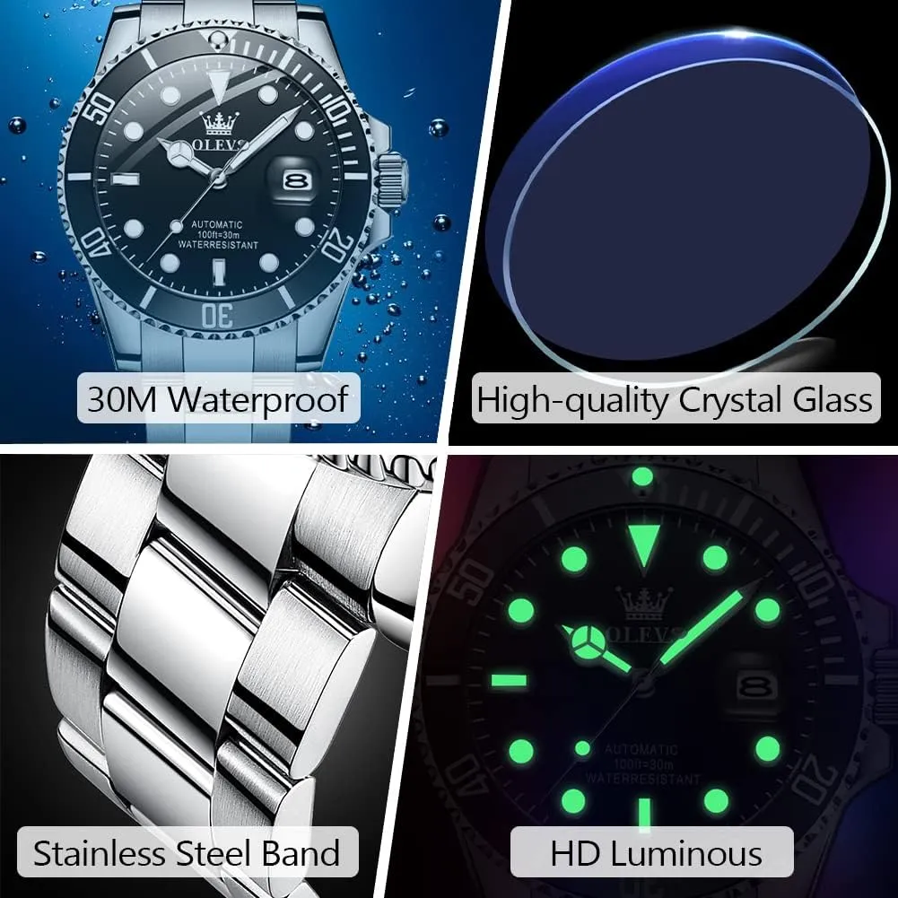 Dress Watch for Men, Stainless Steel Band OLEVS Automatic Watch for Men, Big Face Business Casual Men's Self Winding Watch with Date, Classic Rotatable viscous Bezel Luminous Waterproof 