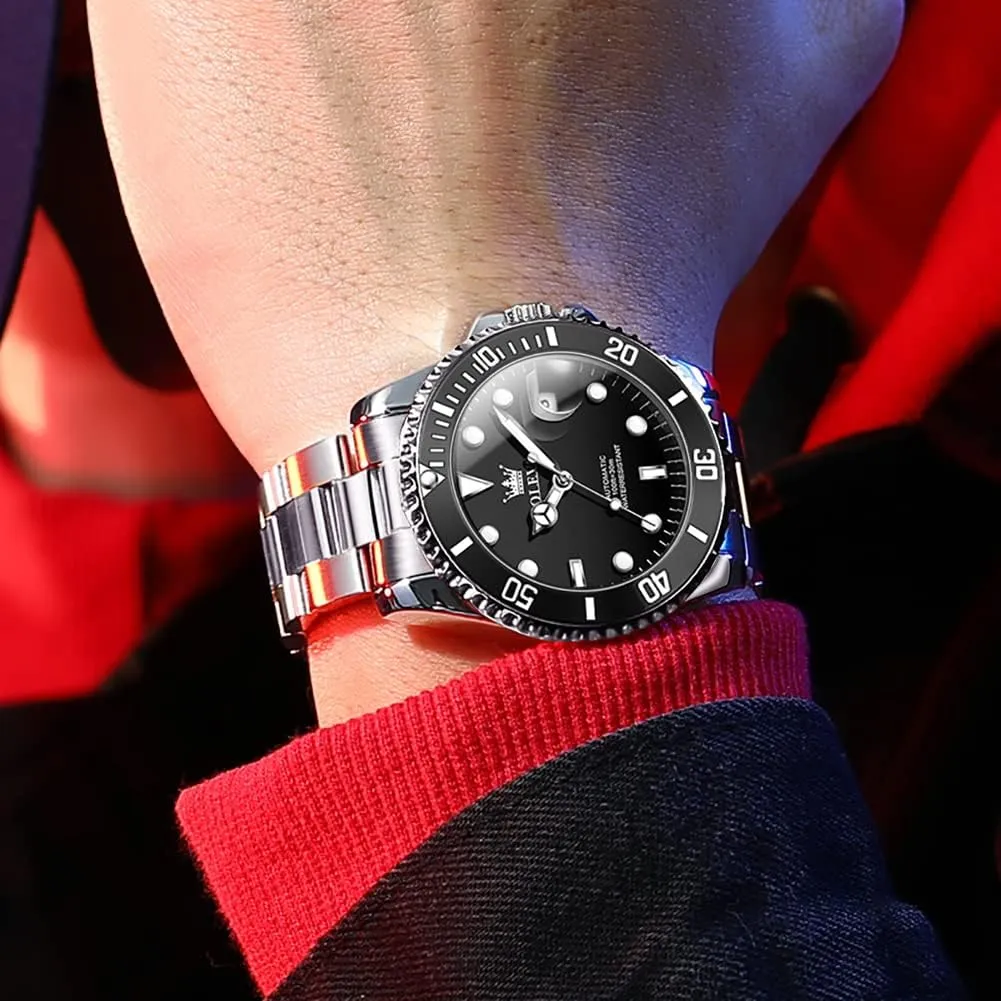 Dress Watch for Men, Stainless Steel Band OLEVS Automatic Watch for Men, Big Face Business Casual Men's Self Winding Watch with Date, Classic Rotatable viscous Bezel Luminous Waterproof 