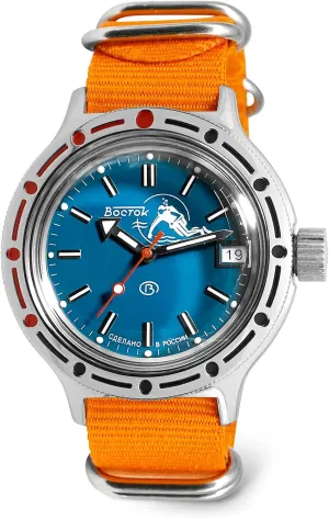 Dude Automatic Self-Winding Diver Wrist Watch elusive tranquil smoothness pluck loose abrasion | Orange Strap Vostok | Amphibia 420059 Scuba 