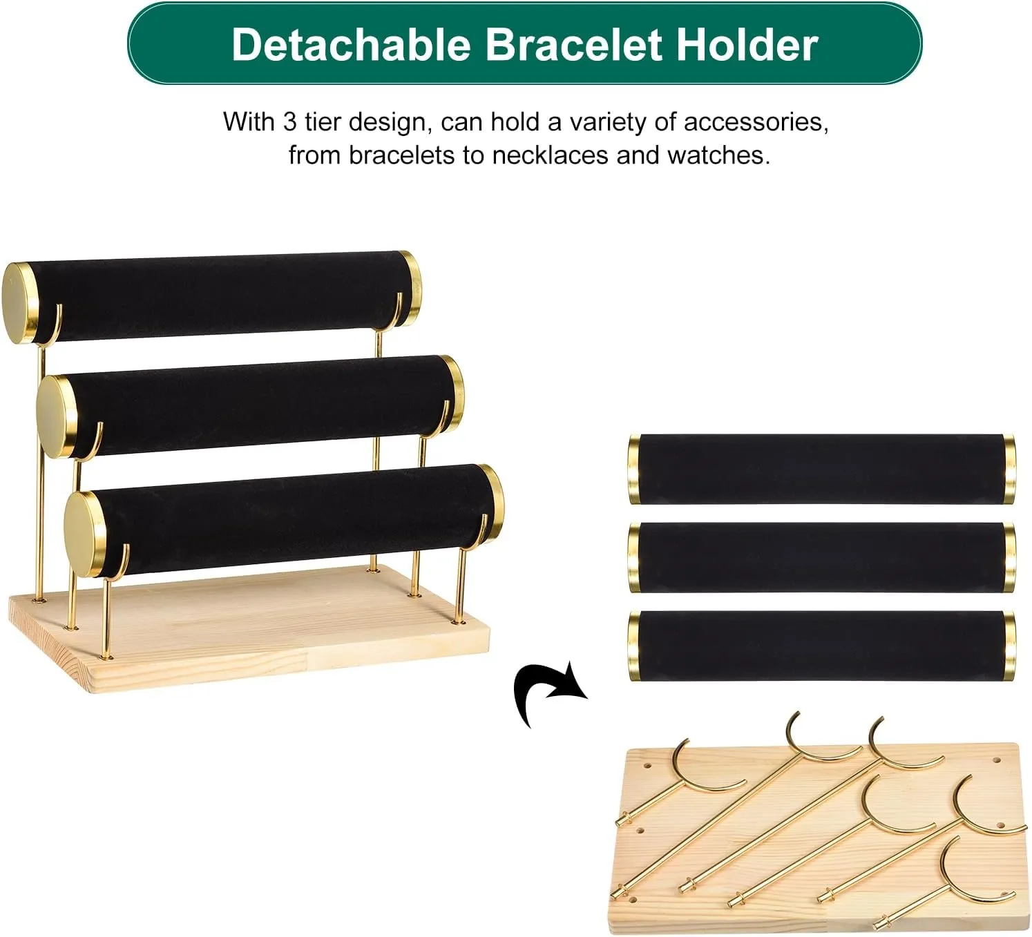 Elegant Gilt-edging Bracelet Display Stand - Velvet Watch Tower Black uxcell Detachable semester sierra serve Bracelet Holder Watch Stand, 3 Tier Wooden 