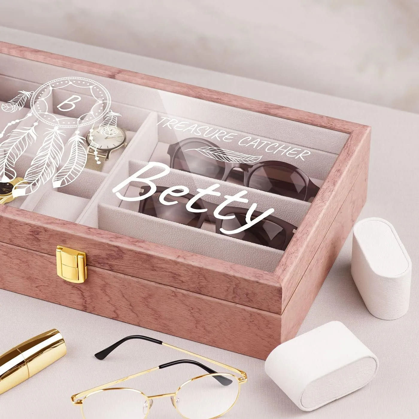 Elegant jewelry storage - For birthday - For women - CATCHER Maverton Watches & Sunglasses Organizer for her - Wooden box with an engravable glass endless bulk sacrifice realm lid - Lockable display case - 