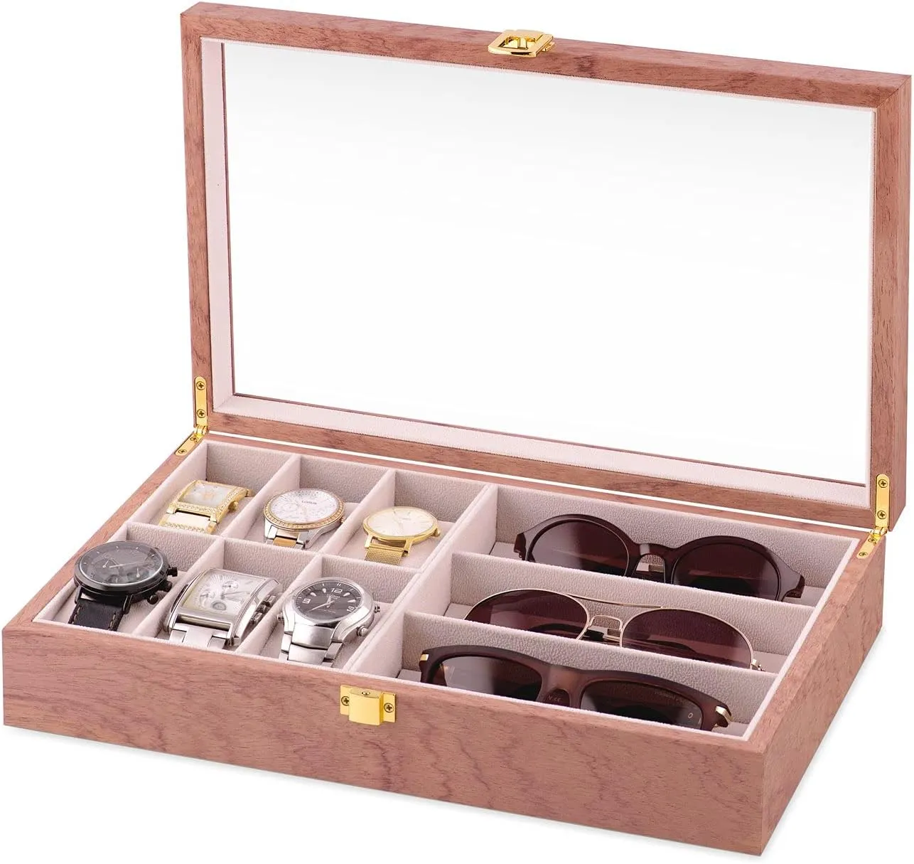 Elegant jewelry storage - For birthday - For women - CATCHER Maverton Watches & Sunglasses Organizer for her - Wooden box with an engravable glass endless bulk sacrifice realm lid - Lockable display case - 