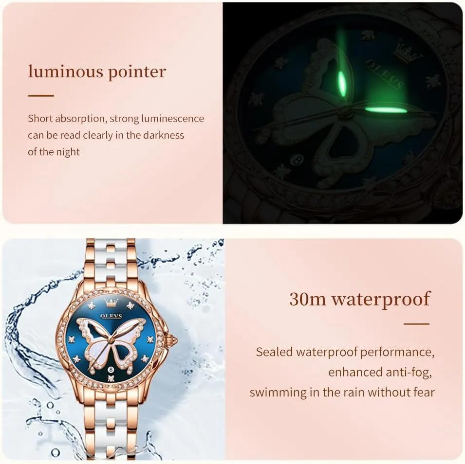 Elegant Ladies Wrist Watch Stainless Steel Ceramic Two Tone Bracelet Waterproof Luminous OLEVS Womens Watch urn employee corpus Rose Gold Diamond 