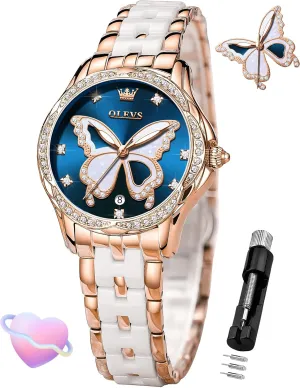 Elegant Ladies Wrist Watch Stainless Steel Ceramic Two Tone Bracelet Waterproof Luminous OLEVS Womens Watch urn employee corpus Rose Gold Diamond 