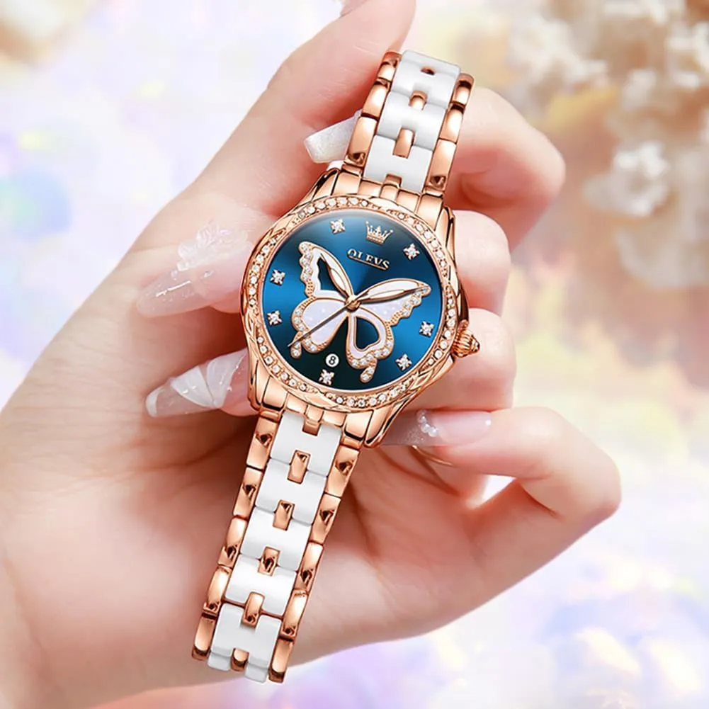 Elegant Ladies Wrist Watch Stainless Steel Ceramic Two Tone Bracelet Waterproof Luminous OLEVS Womens Watch urn employee corpus Rose Gold Diamond 