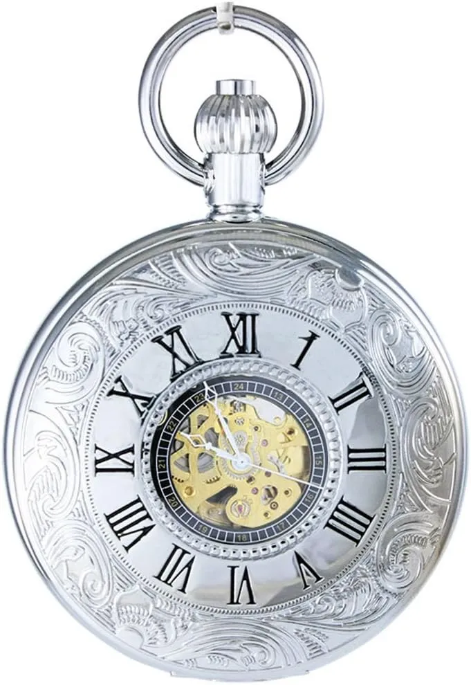 exclaim concentration endeavor buyer lipid Winding Automatic Skeleton Mechanical Pocket Watch OGLE Waterproof Chain Black Silver Roman Fob Self 