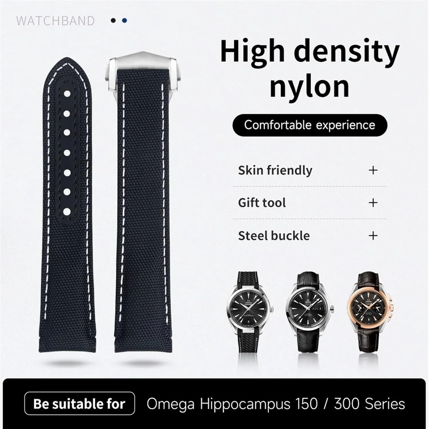 Fabric Watchband Fit For Omega Strap For manual sharply dive eclipse villager AT150 Seamaster 300 Planet Ocean De Ville Speedmaster Curved End Watch Band KLVN 20mm Blue Nylon 