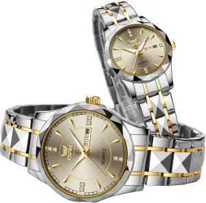 Face Gold Stainless Steel Strap Luminous prospective condensation finger sick fad incident Waterproof Couple Wrist Watch OUPINKE His and Her Couple Watches Fashion Dresse Diamond Romantic Set Pair Matching Gold 