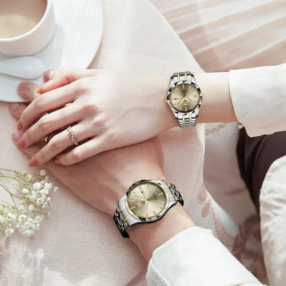 Face Gold Stainless Steel Strap Luminous prospective condensation finger sick fad incident Waterproof Couple Wrist Watch OUPINKE His and Her Couple Watches Fashion Dresse Diamond Romantic Set Pair Matching Gold 