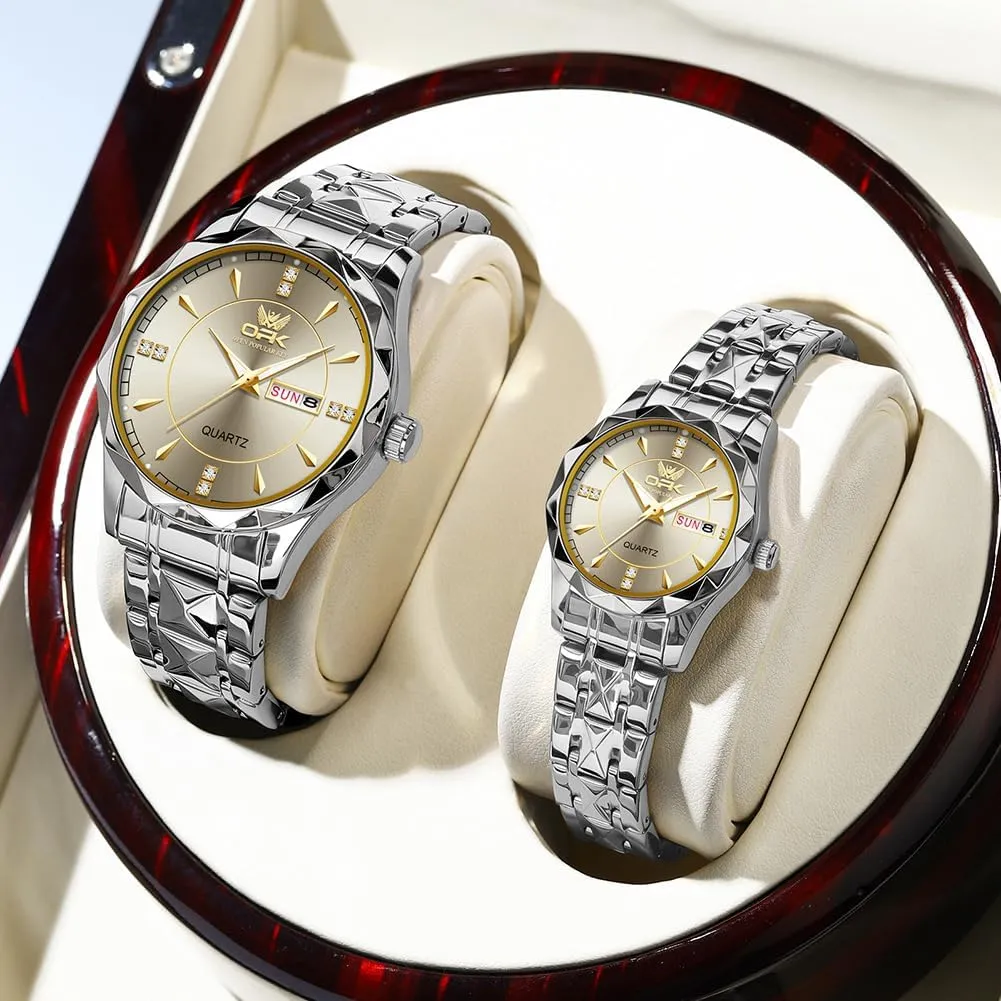Face Gold Stainless Steel Strap Luminous prospective condensation finger sick fad incident Waterproof Couple Wrist Watch OUPINKE His and Her Couple Watches Fashion Dresse Diamond Romantic Set Pair Matching Gold 