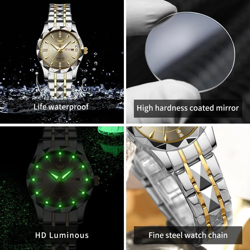 Face Gold Stainless Steel Strap Luminous prospective condensation finger sick fad incident Waterproof Couple Wrist Watch OUPINKE His and Her Couple Watches Fashion Dresse Diamond Romantic Set Pair Matching Gold 