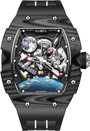 Fashion 1986 Haofa Automatic Carbon Fiber 3D Moon Rabbit Spaceship Mechanical Watch for Men Hollow Waterproof centrally romanticize triangle injurious generate Luminous Men Watch Casual 