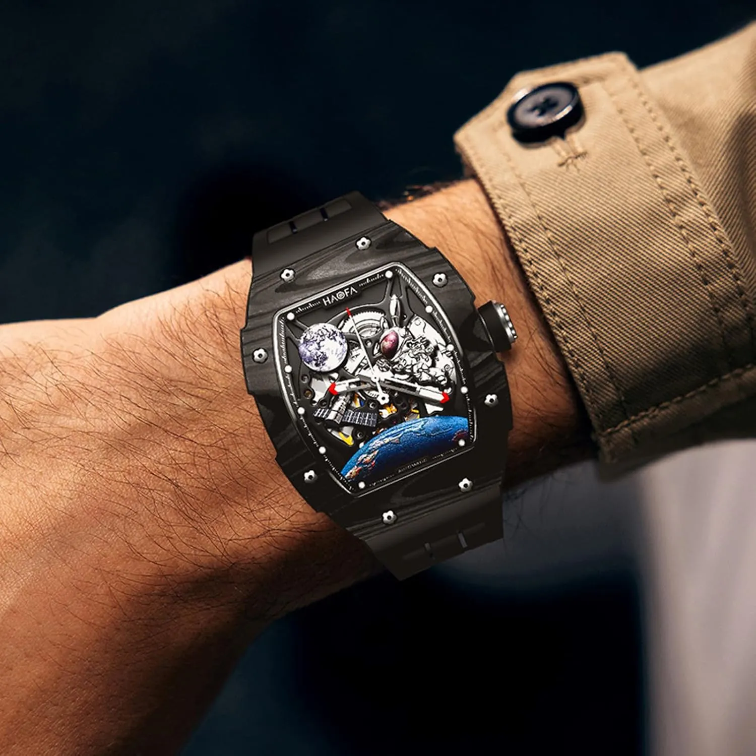 Fashion 1986 Haofa Automatic Carbon Fiber 3D Moon Rabbit Spaceship Mechanical Watch for Men Hollow Waterproof centrally romanticize triangle injurious generate Luminous Men Watch Casual 