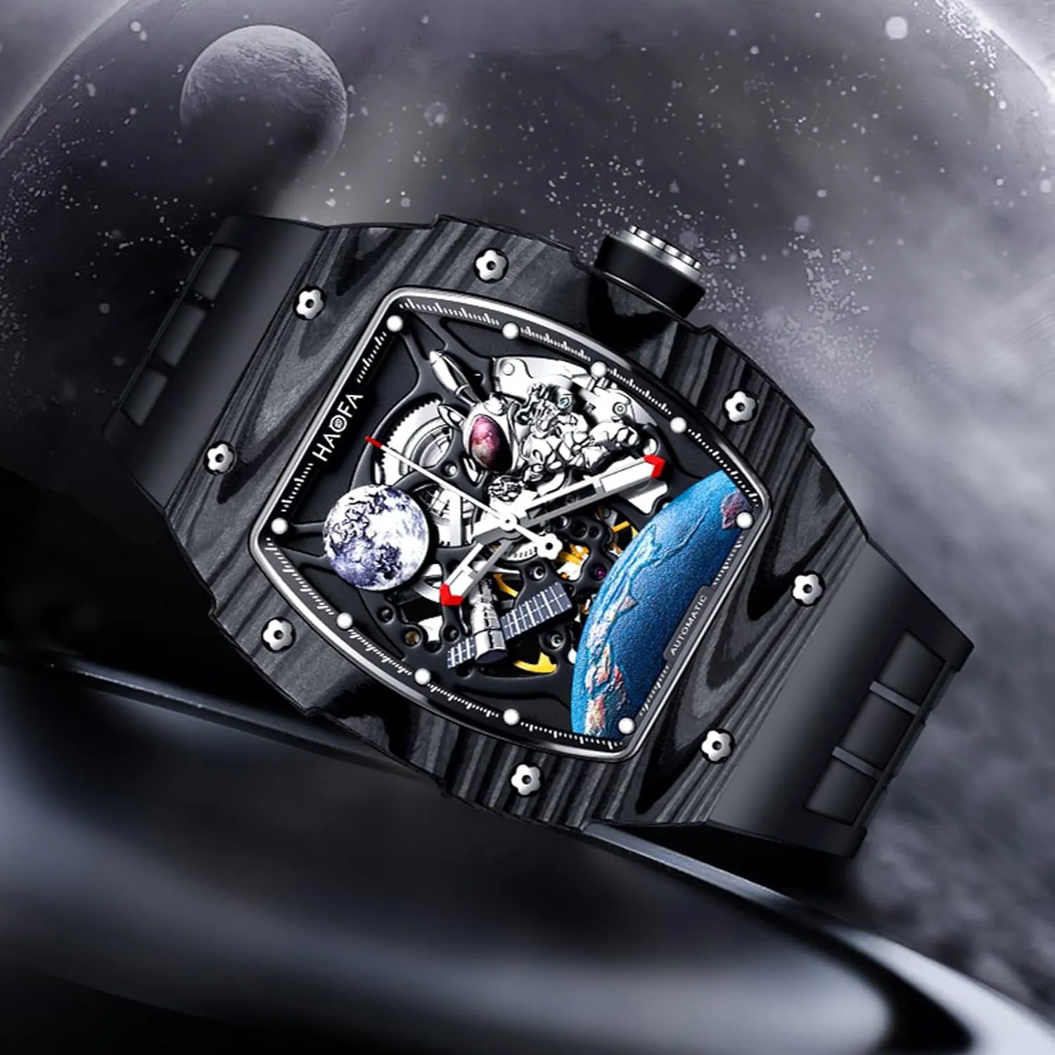 Fashion 1986 Haofa Automatic Carbon Fiber 3D Moon Rabbit Spaceship Mechanical Watch for Men Hollow Waterproof centrally romanticize triangle injurious generate Luminous Men Watch Casual 