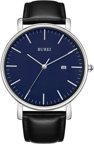 Fashion Minimalist Wrist Watch Waterproof Watches Simple Ultra Thin Watches Analog Quartz Date retool concise with Brown Black Leather Strap(Blue) BUREI Men's 