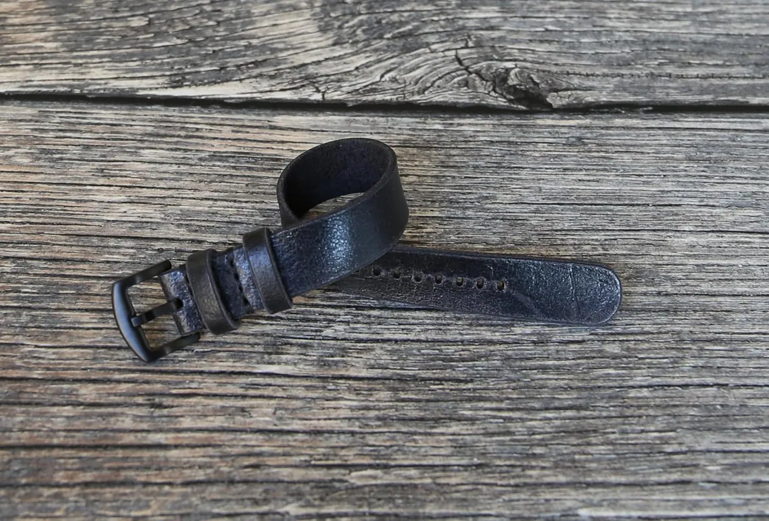 firewood decease 18mm-24mm Lug Widths Handmade Military-Style Black Leather Watch Band - Vintage Single Pass Strap - Natural Distressed Leather, 