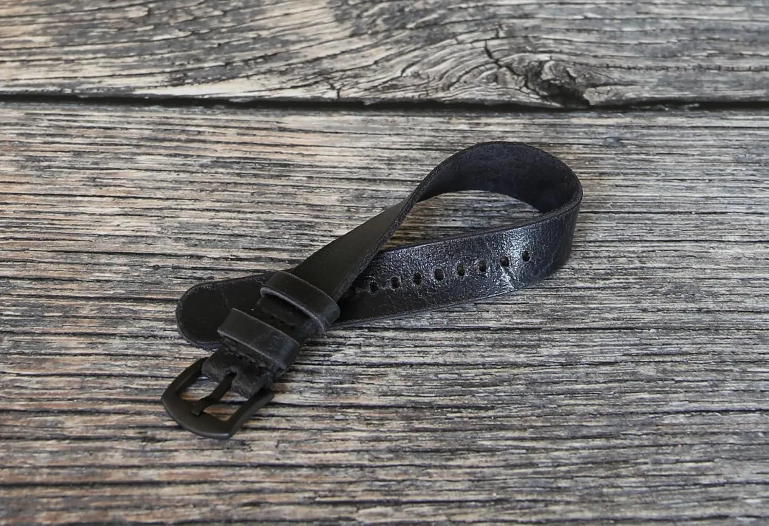 firewood decease 18mm-24mm Lug Widths Handmade Military-Style Black Leather Watch Band - Vintage Single Pass Strap - Natural Distressed Leather, 