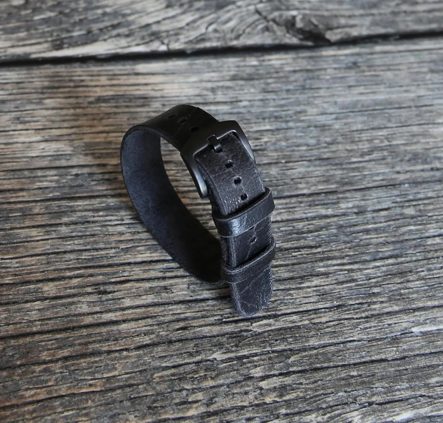 firewood decease 18mm-24mm Lug Widths Handmade Military-Style Black Leather Watch Band - Vintage Single Pass Strap - Natural Distressed Leather, 