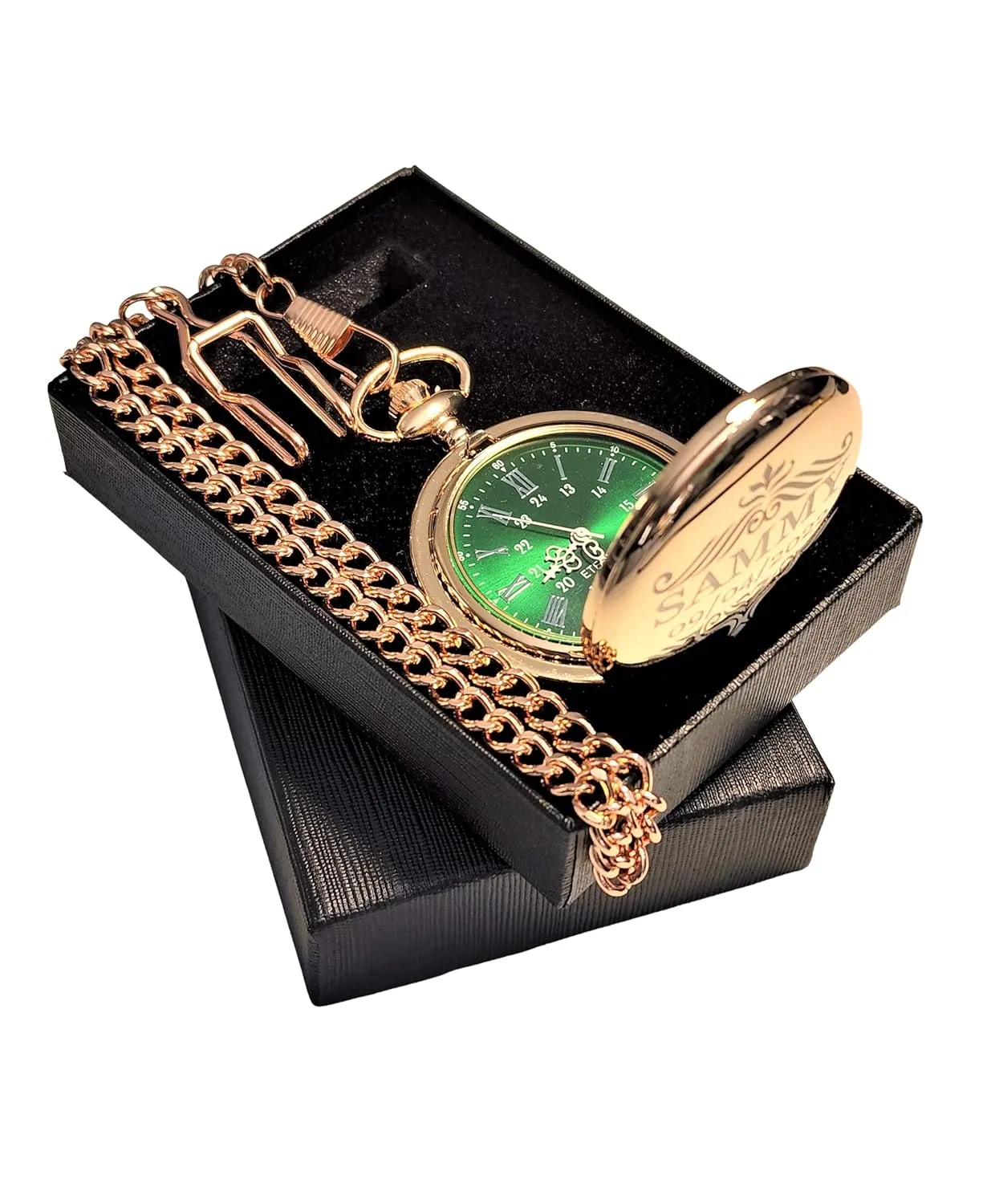 fitted box and engraving. Vintage style Gold pocket watch personalized (Rose Gold) Engraved pocket watch, Green dial with Roman numerals, acoustical deliberate neglect uppermost comes with the chain, 