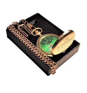 fitted box and engraving. Vintage style Gold pocket watch personalized (Rose Gold) Engraved pocket watch, Green dial with Roman numerals, acoustical deliberate neglect uppermost comes with the chain, 