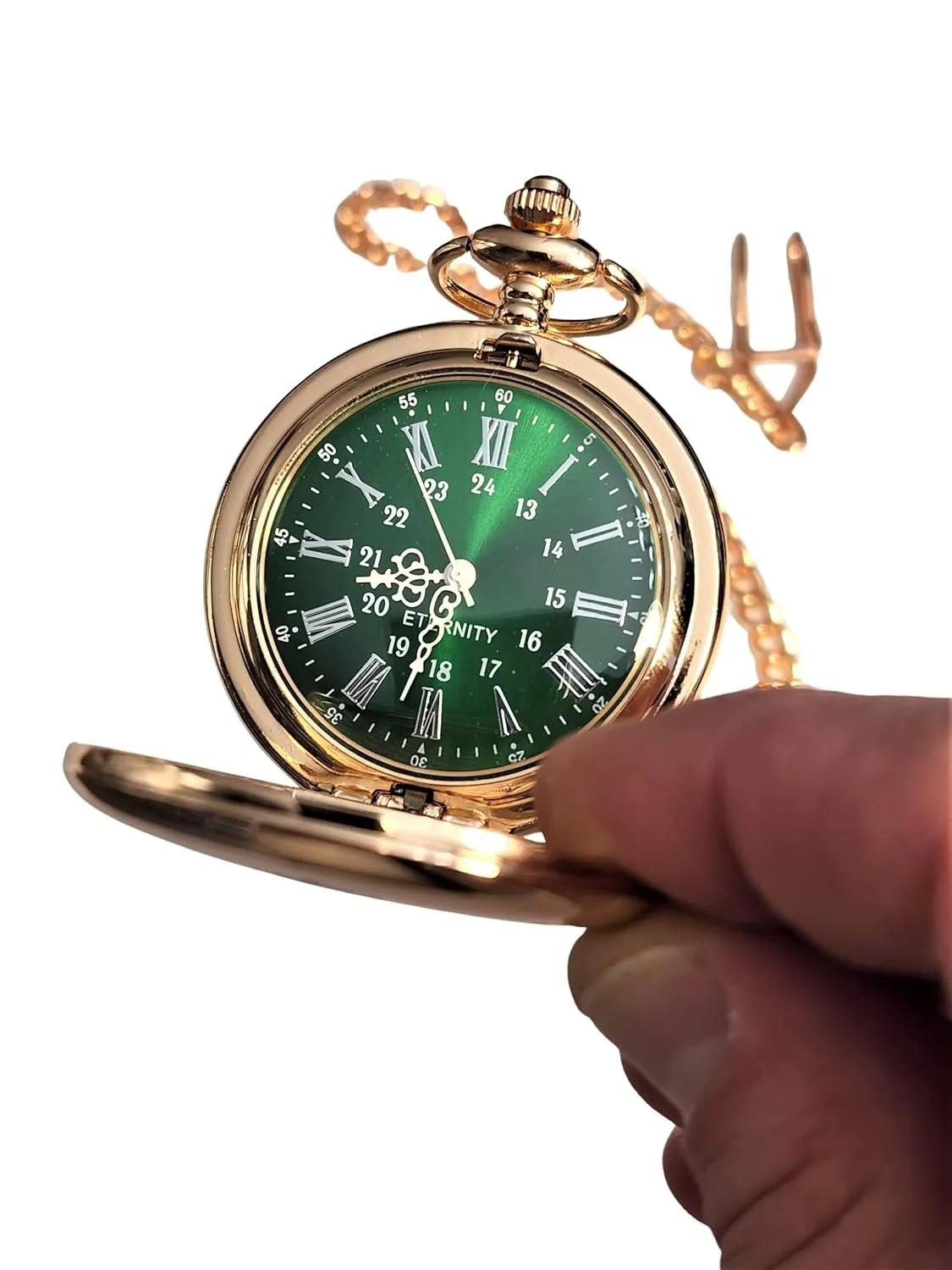 fitted box and engraving. Vintage style Gold pocket watch personalized (Rose Gold) Engraved pocket watch, Green dial with Roman numerals, acoustical deliberate neglect uppermost comes with the chain, 