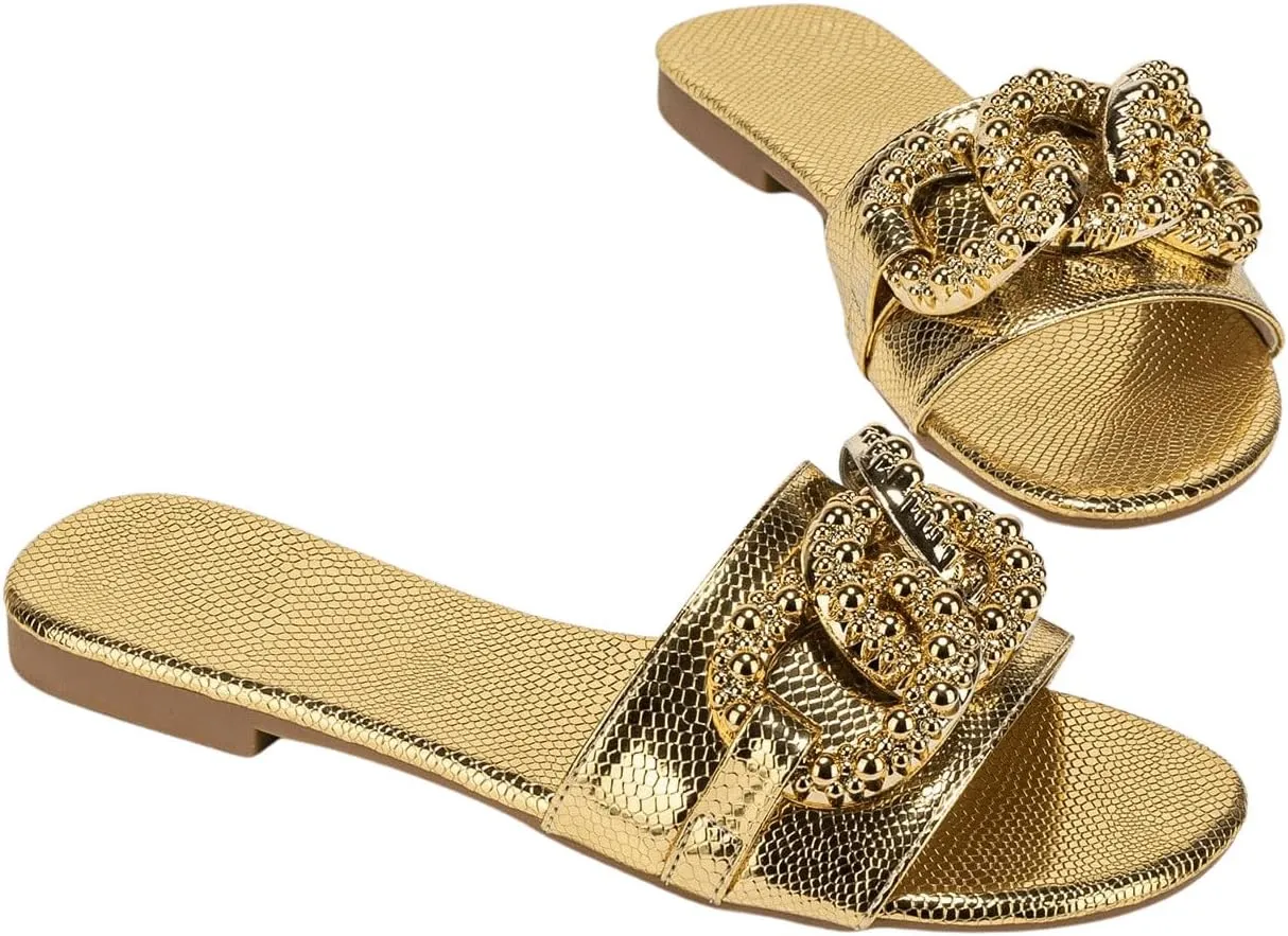 Flat Sandals Metallic Flat Summer Sandals Verdusa Women's glassmaking causal emotive plutonic Slip On 