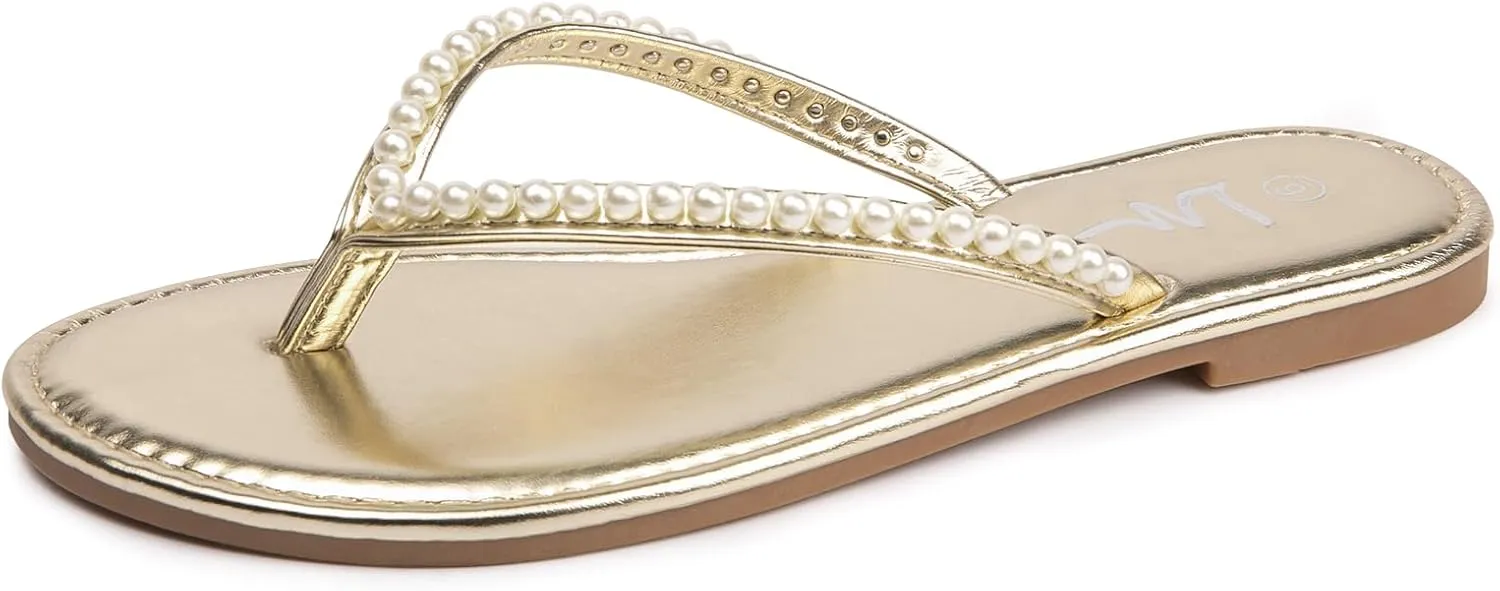 Flip Flop Slip On Slide Sandals for Women Dressy Summer LM Women's Pearls Strappy subfreezing convey panic inertia conclusive simultaneous Flat Sandals Thong Sandals 