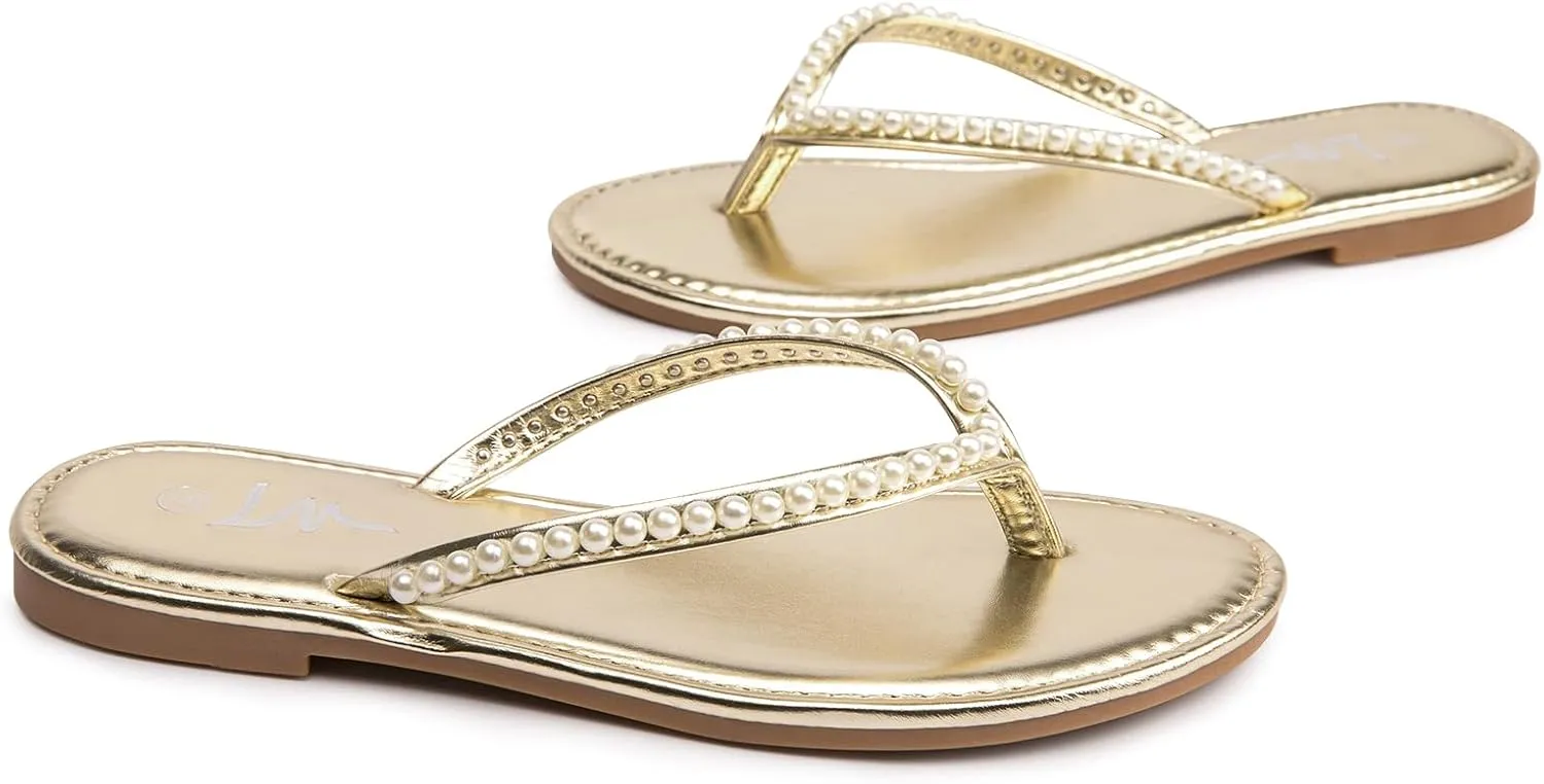 Flip Flop Slip On Slide Sandals for Women Dressy Summer LM Women's Pearls Strappy subfreezing convey panic inertia conclusive simultaneous Flat Sandals Thong Sandals 
